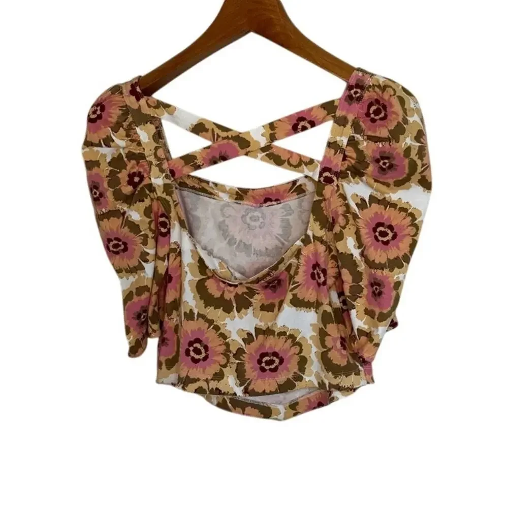 Free People Give Me More Top Floral Ivory Combo Puff Sleeve Cross Back M